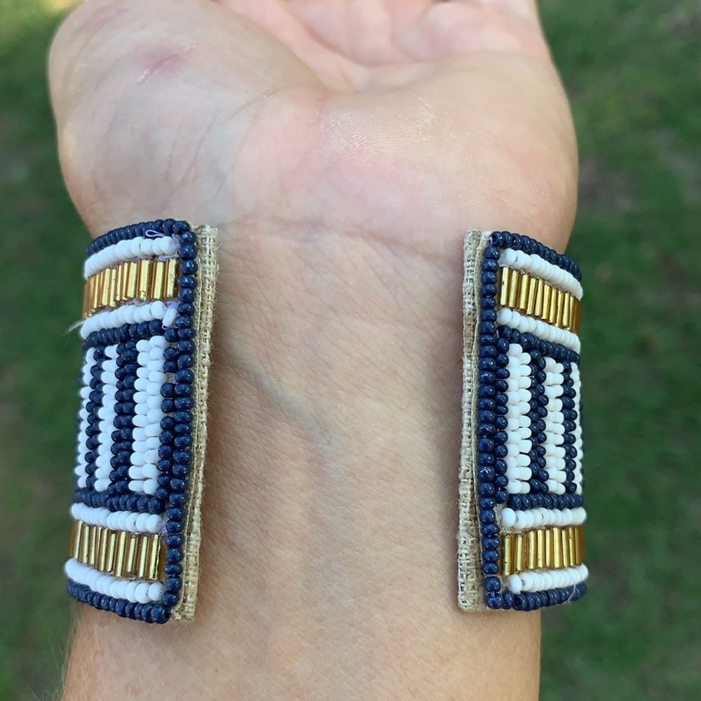 Blue & Gold Beaded Cloth & Metal Cuff Bracelet - Picture 5 of 17